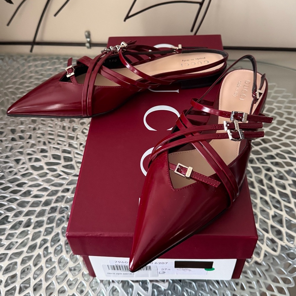 Gucci Seraphine Burgundy Leather Strappy Flat Slingback Shoe sz 37.5 New in Box - Picture 6 of 15